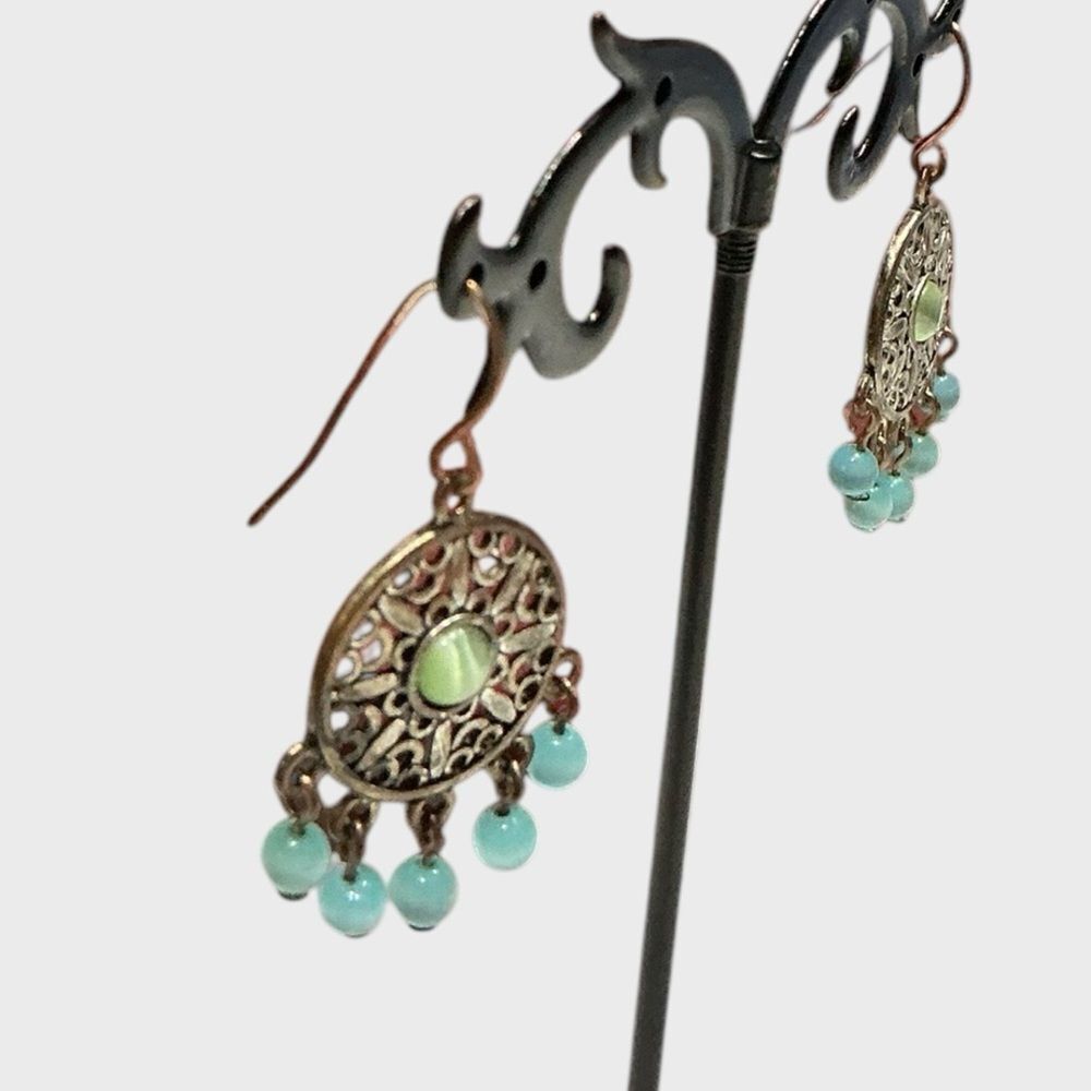 Vintage Gold Tone Filigree Teal Beaded Dangle Earrings Boho Festival